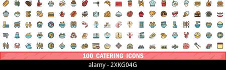 100 Ikonen für die Gastronomie. Farblinie Satz von Catering Vektorsymbolen dünne Linie Farbe flach auf weiß Stock Vektor
