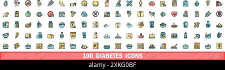 100 Diabetes-Symbole eingestellt. Farblinie Satz von Diabetes-Vektorsymbolen dünne Linie Farbe flach auf weiß Stock Vektor
