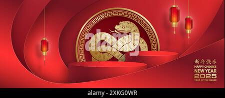 3D-Podium-Runde Bühne für glückliches chinesisches Neujahr 2024 Dragon Zodiac Zeichen, auf farbigem Hintergrund (Chinesisch Übersetzung: Glückliches neues Jahr 2024, Jahr des Drago Stock Vektor