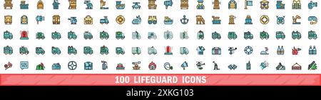 100 Symbole für Rettungsschwimmer. Farblinie Satz von Lifeguard-Vektorsymbolen dünne Linie Farbe flach auf weiß Stock Vektor