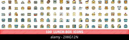 100 Symbole für die Lunchbox. Farblinie Satz von Vektorsymbolen für Lunchbox dünne Linie Farbe flach auf weiß Stock Vektor