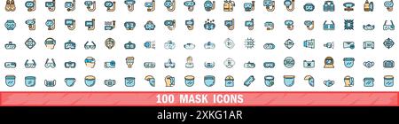 100 Maskensymbole eingestellt. Farblinie Satz von Maskenvektorsymbolen dünne Linie Farbe flach auf weiß Stock Vektor