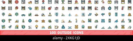100 Außensymbole eingestellt. Farblinie Satz von äußeren Vektorsymbolen dünne Linie Farbe flach auf weiß Stock Vektor