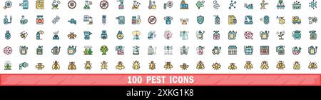 100 Schädlingssymbole eingestellt. Farblinie Satz von Schädlingsvektorsymbolen dünne Linie Farbe flach auf weiß Stock Vektor