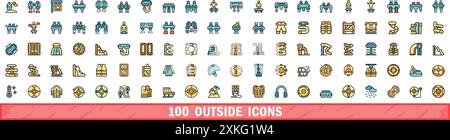 100 Außensymbole eingestellt. Farblinie Satz von äußeren Vektorsymbolen dünne Linie Farbe flach auf weiß Stock Vektor
