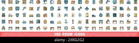 100 Symbole für den Raum. Farblinie Satz von Raumvektorsymbolen dünne Linie Farbe flach auf weiß Stock Vektor