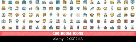 100 Symbole für den Raum. Farblinie Satz von Raumvektorsymbolen dünne Linie Farbe flach auf weiß Stock Vektor