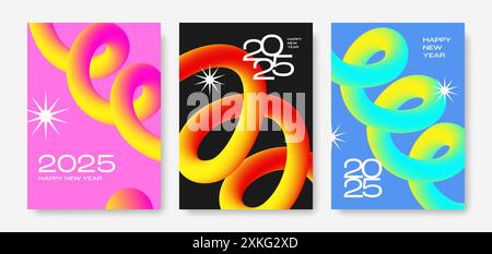 2025 „Happy New Year“-Poster mit farbenfrohen 3D-Überblendungskurven. Modernes Design für Karte, Umschlag, Banner, Flyer. Vektorabbildung Stock Vektor