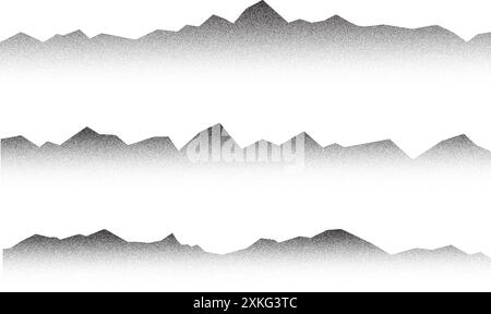 Körnige Berge mit Stippeleffekt auf weißem Hintergrund. Schwarze Farbverlaufsstruktur mit Sandrauschen. Abstrakte Landschaft im Halbton. Farbabstufungen durch Sprühnebel Stock Vektor