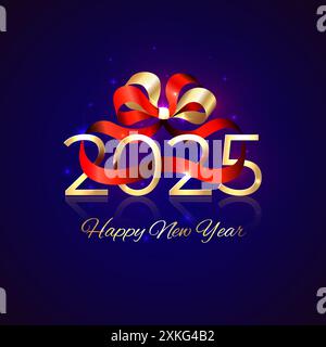 Neujahr 2025, 25. Weihnachtsgrußkarte. 2025 mit rot-goldener Schleife auf blauem Hintergrund. Neujahrsdesign für Einladung, Kalender, Grußkarte Stock Vektor