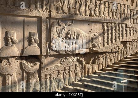 Reliefschnitzereien eines Löwen, der neben geprägten Soldaten auf einer der Treppen in Persepolis, der alten persischen Hauptstadt in der Nähe von Shiraz, Iran, einen Stier jagt Stockfoto