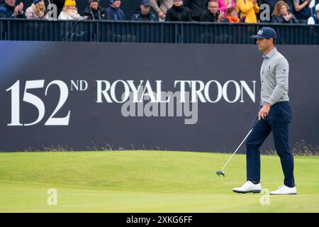 Troon, Schottland, Großbritannien. Juli 2024. Runde vier der 152. Open Championship findet auf dem Golfplatz Royal Troon statt. Bild: Billy Horschel 18. Grün Stockfoto