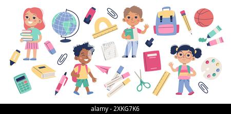 Schulelemente für Kinder. Schüler und Schulbedarf. Vektorabbildung in abgewickelter Form Stock Vektor