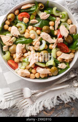 Gesunder Thunfisch-Kichererbsensalat mit Kirschtomaten, Spinat, Sellerie und Oliven gewürzt mit hausgemachtem Dressing in einer Schüssel auf dem Tisch. Stockfoto