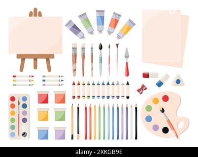 Malwerkzeuge, Kunstzubehör-Set. Farben, Leinwand, Tuben, Pinsel, Palettenmesser, Aquarellpalette, Buntstifte, Bleistifte, Radiergummi. Vektorillustraten Stock Vektor