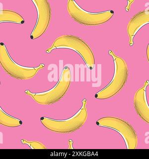 Nahtloses Muster mit Bananenfrüchten im Pop-Art-Stil. Bananen mit Pünktchen auf rosa Hintergrund. Vektorabbildung Stock Vektor