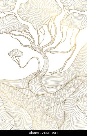 Vektorgold auf weißem japanischem Muster. Linie Baum auf Hügeln und Fluss Luxus Illustration, Wandkunst, abstrakte Tradition Welle Broschüre, gezeichnete Natur Stock Vektor