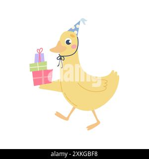 Süße Ente für Kinder. Geburtstagsgrüße, Kuchen und Partyhut. Vektorabbildung in abgewickelter Form Stock Vektor