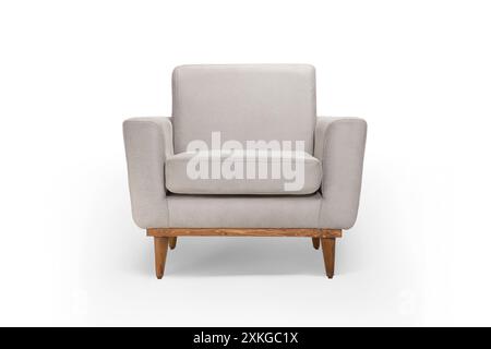Moderner hellgrauer Sessel mit Holzbeinen, Vorderansicht Stockfoto