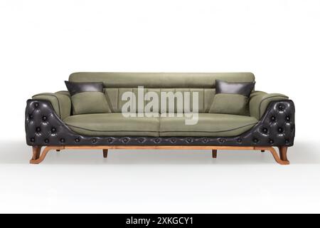 Grünes Sofa mit schwarzem Tufting-Leder hinten, Vorderansicht Stockfoto