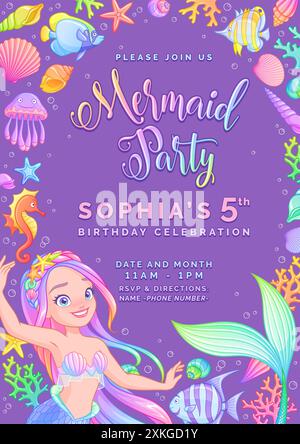 Einladung zur Geburtstagsparty mit Meerjungfrau-Motiv. Vektorvorlage. Stock Vektor