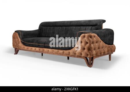 Schickes schwarzes und braunes Sofa mit einzigartigem getuftetem Design und Holzbeinen, ideal für moderne Wohnzimmer. Stockfoto