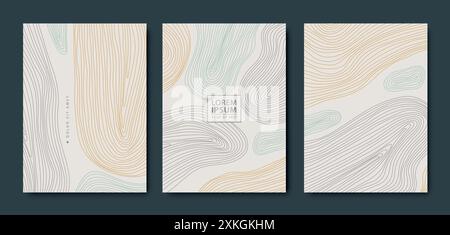 Vektorset mit abstrakten Linien, minimalistischen Mustern, Karten mit organischen Formen, zeitgenössischen Postern der Welle. Pastellfarben, skandinavische Textur Stock Vektor