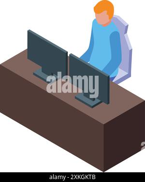 Der junge Mann programmiert, sitzt auf einem ergonomischen Stuhl und benutzt einen leistungsstarken Desktop-Computer mit zwei Monitoren Stock Vektor