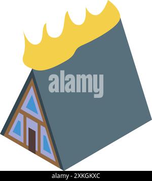 Feuer zerstört ein hölzernes Landhaus mit großen Flammen und Rauch vom Dach Stock Vektor