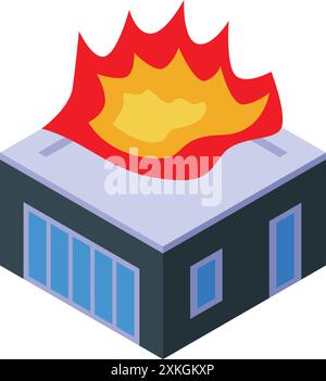 Isometrische Darstellung eines brennenden Gebäudes mit großen Flammen auf dem Dach Stock Vektor