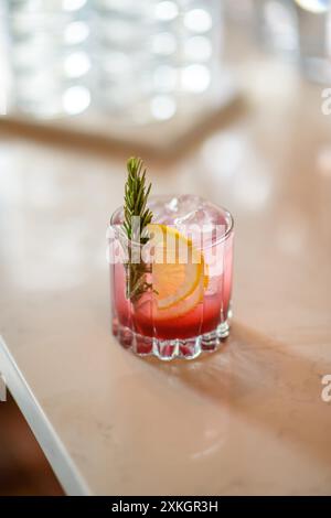 Granatapfel-Rosmarin-infundiertes Wasser. Sommercocktails. Stockfoto