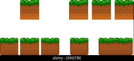 Pixel-Art-Kachel-Set für 2D-Retro-Videospiele. Ein Satz Bodenfliesen mit Gras für Platformer für Standortkonstrukteure. Vektorabbildung Stock Vektor
