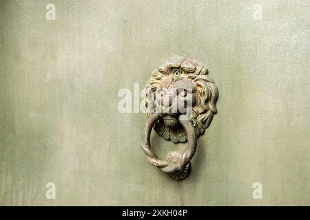 Metallklopfer an der eisernen Haustür in Form eines Löwenkopfes Stockfoto