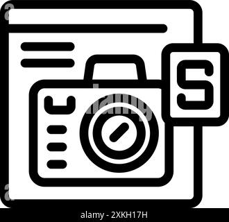 Auffälliges, schwarzes Symbol einer Digitalkamera in einem Webfenster, das die Online-Speicherung und -Verwaltung von Fotos symbolisiert Stock Vektor