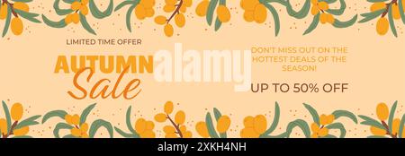 Sanddorn-Herbstbanner mit eleganten Herbstmotiven mit leuchtenden orangen Beeren und grünen Blättern vor beigefarbenem Hintergrund. Das minimalistische Design unterstreicht unsere saisonalen Angebote. Stock Vektor