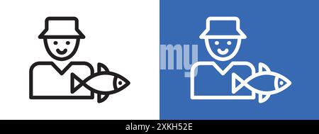 Fischer mit Fisch-Symbol-Logo-Zeichen Vektor-Umriss in Schwarz-weiß-Farbe Stock Vektor
