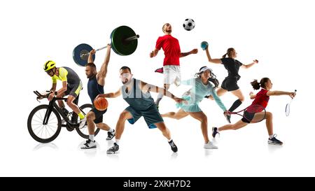 Energetische Collage. Athleten in verschiedenen Aktivitäten. Jeder Sportler wird in Bewegung vor weißem Studiohintergrund gezeigt. Stockfoto