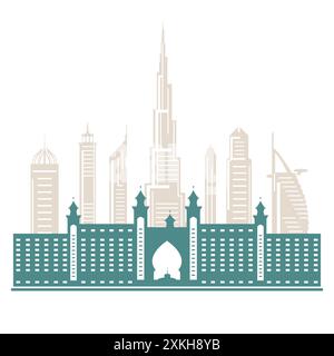 Die Silhouette der Wolkenkratzer der Vereinigten Arabischen Emirate. Dubai Gebäude, Hotels und Symbolvektorillustration. Skyline von Dubai. Türme und Wahrzeichen der Stadt Stock Vektor