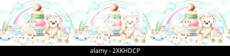 Set mit Babyspielzeug Pyramide, Ente, Schaukelpferd, Teddybär, Schaf, Würfel, Klappern. Aquarellabbildung ist handgezeichnet. Geeignet für Textilien, Altpapier, Tapeten, Geschenkpapier, Karten, Einladungen und Kinderpartydekorationen. Stockfoto