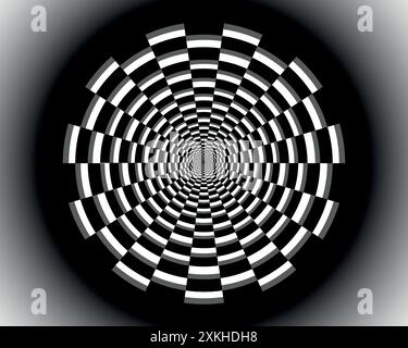 Tunnel aus einer Kachel-3D-Abstraktion. Kreisförmiger Tunnel rechteckiger Schach schwarz-weiß. Abgerundeter Schachbretthintergrund Stock Vektor
