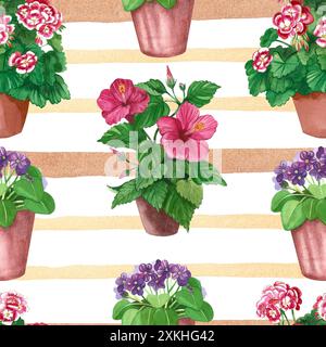 Aquarellmuster. Helle Innenblumen in Töpfen auf gestreiftem Hintergrund. Hibiskus, Geranie, Violett handgemalt in Aquarell. Stockfoto