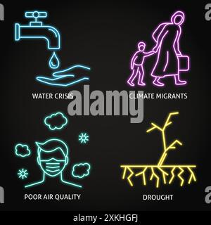 Neonsymbole für Folgen des Klimawandels. Wasserkrise, schlechte Luftqualität, Dürre und Klimaflüchtlinge. Vektorabbildung. Stock Vektor