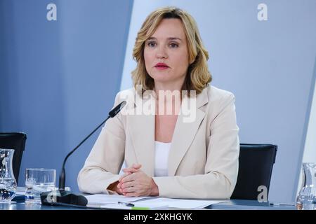 Madrid, Spanien. Juli 2024. Der Sprecher des Ministers, Pilar Alegria, während einer Pressekonferenz nach dem Ministerrat am 23. Juli 2024 im Palast von Moncloa in Madrid, Spanien. T Credit: SIPA USA/Alamy Live News Stockfoto