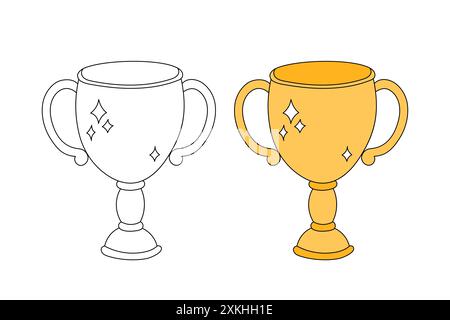 Champion Cups Vektorset. Isolierte Kelche, goldene und umrissene handgezeichnete Elemente. Niedliche Doodle-Illustration. Siegerpreise, Auszeichnungen für den ersten Platz. Stock Vektor