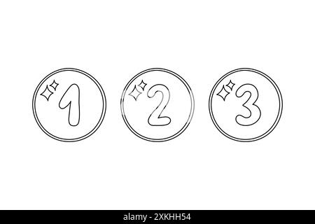 Doodle Medaillen Set schwarz-weiß Vektor Illustration. Siegerpreise Auszeichnungen für den ersten, zweiten und dritten Platz. Umriss handgezeichnete Medaillen 1, 2, 3. Isolieren Stock Vektor
