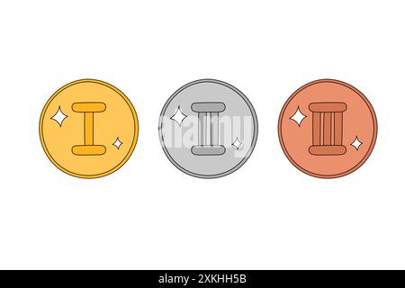 Medaillen römische Zahlen Vektorsatz. Illustration mit Kritzeleien. Preise in Gold, Silber und Bronze. Siegerpreise erster, zweiter und dritter Platz. Umriss Hand dr Stock Vektor