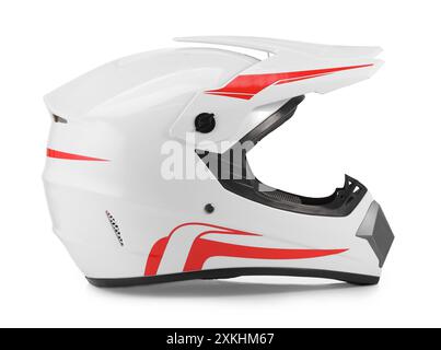 Neuer stylischer Motorradhelm isoliert auf weiß Stockfoto
