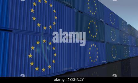 EU-Exportproduktion und -Import-Frachtcontainer in Row Business-Konzept. Abbildung 3D-Illustration der Flagge der Europäischen Union. Stockfoto