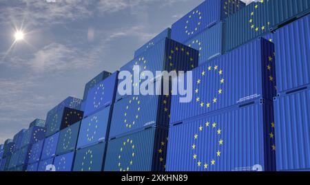 EU-Exportproduktion und -Import-Frachtcontainer in Row Business-Konzept. Abbildung 3D-Illustration der Flagge der Europäischen Union. Stockfoto