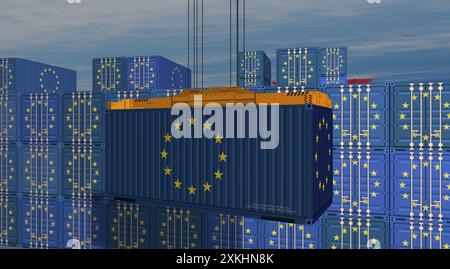 EU-Exportproduktion und Importcontainer Frachtkran. Geschäftskonzept von Transport, Verladung und Verschiffung mit einer Illustration der Europäischen Union. Stockfoto